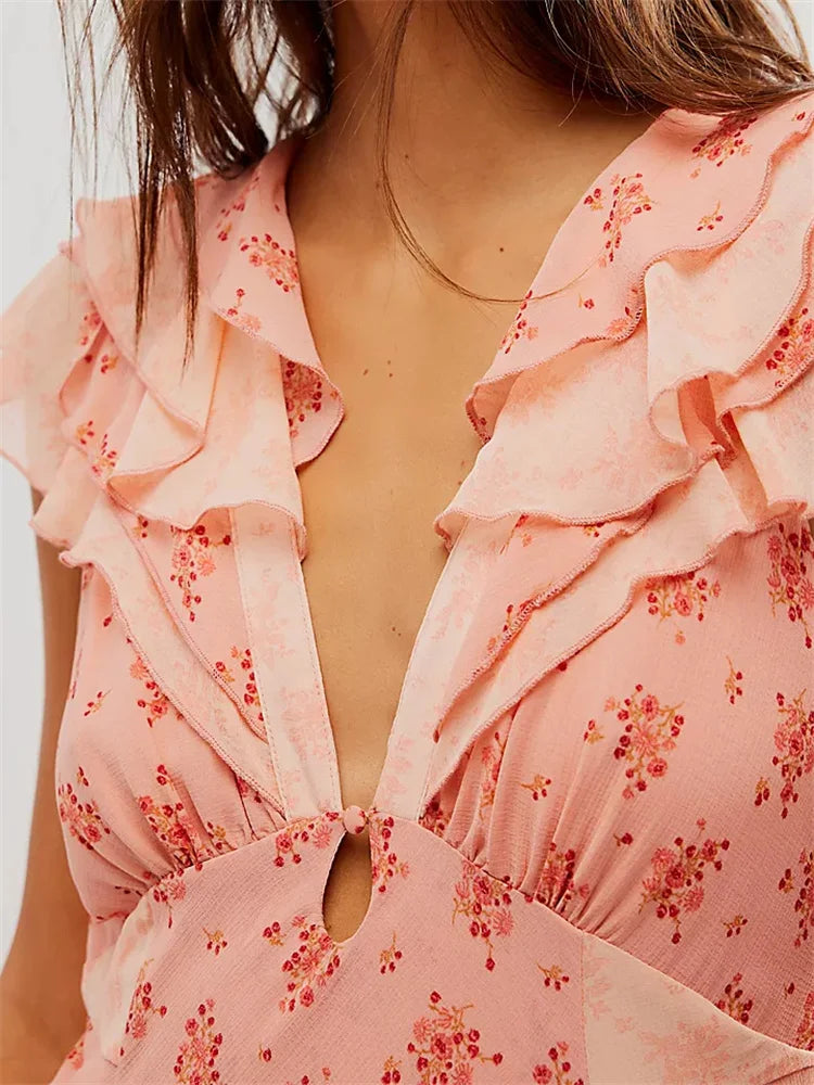 Floral Ruffle Deep V-Neck High Low Midi Dress 6