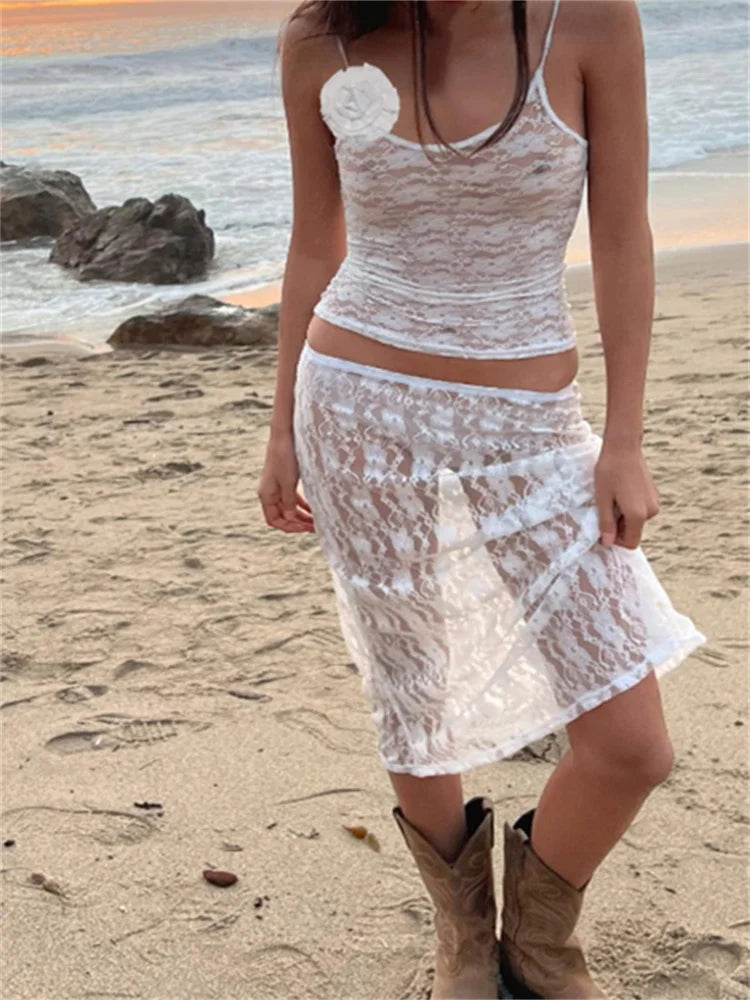 Sexy Floral Lace Strap Tank Camis Crop Top with See-through Long Skirt Set