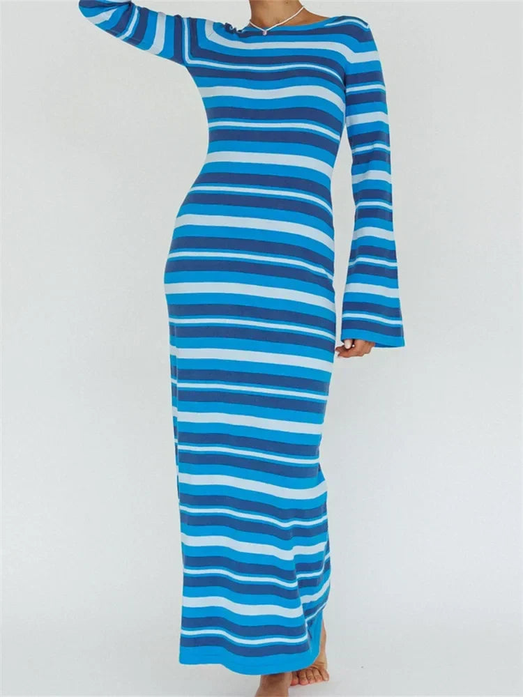 Sexy Women Knitted Sleeve Crew Neck Backless Tie-up Striped Print Slim Fit Spring Fall Vestidos