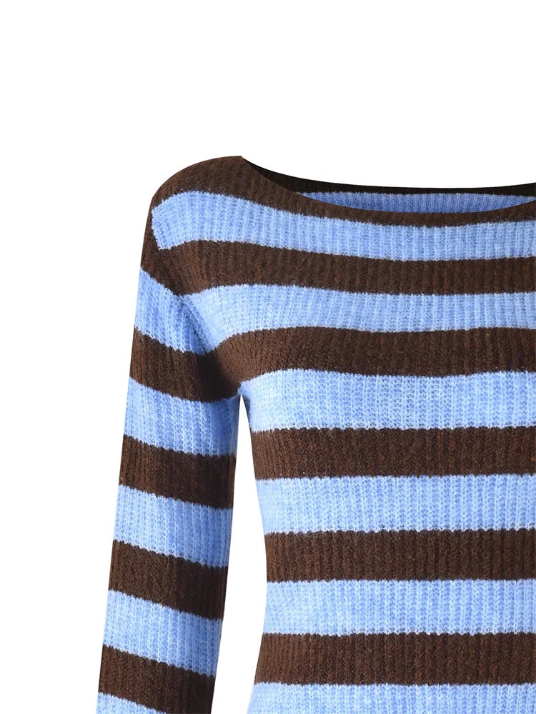 Off Shoulder Knitted Long Sleeve Crew Neck Striped Pullovers Autumn Winter Warm Sweater 5