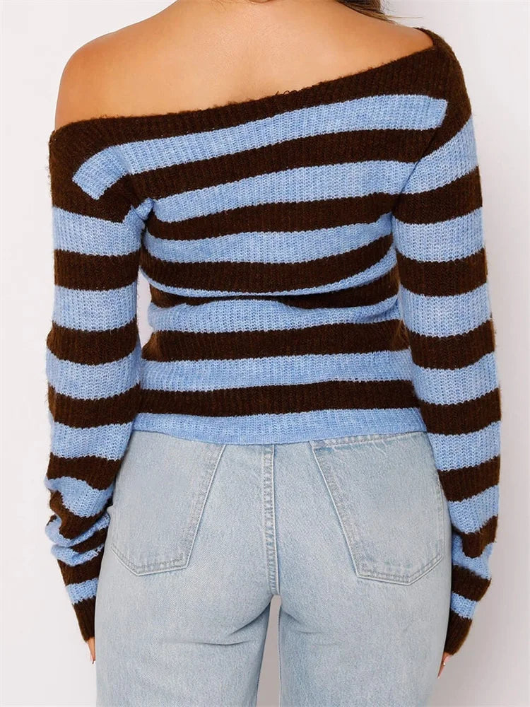 Off Shoulder Knitted Long Sleeve Crew Neck Striped Pullovers Autumn Winter Warm Sweater 4