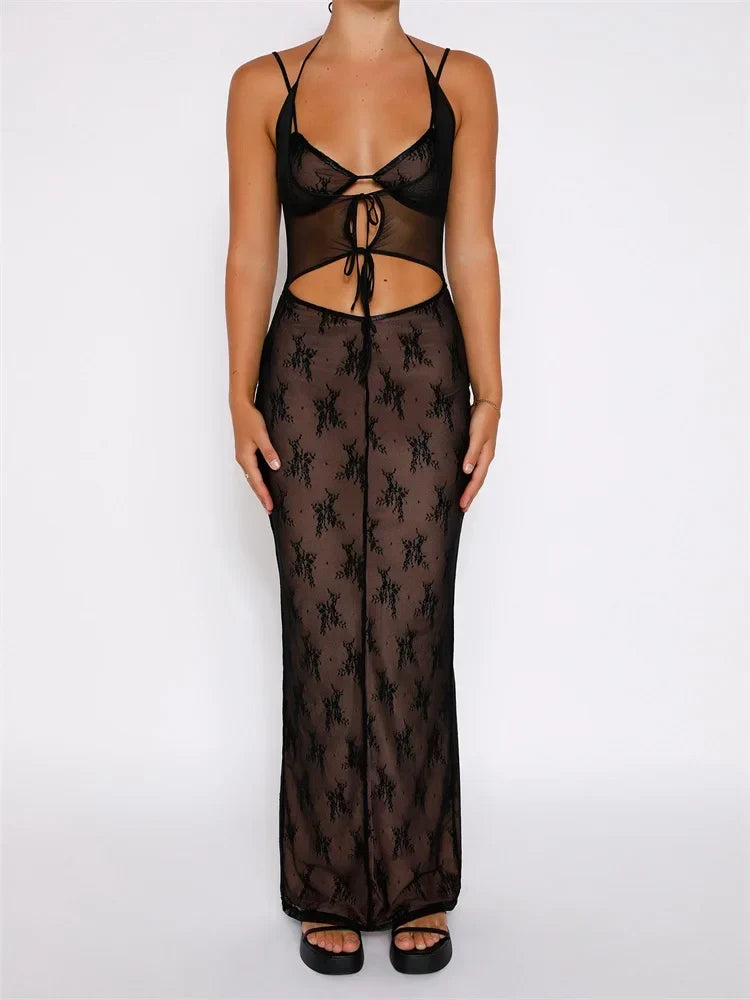 Floral Lace Cut Out Lace Up High Split Maxi Dress 5