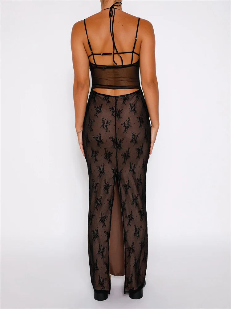 Floral Lace Cut Out Lace Up High Split Maxi Dress 6