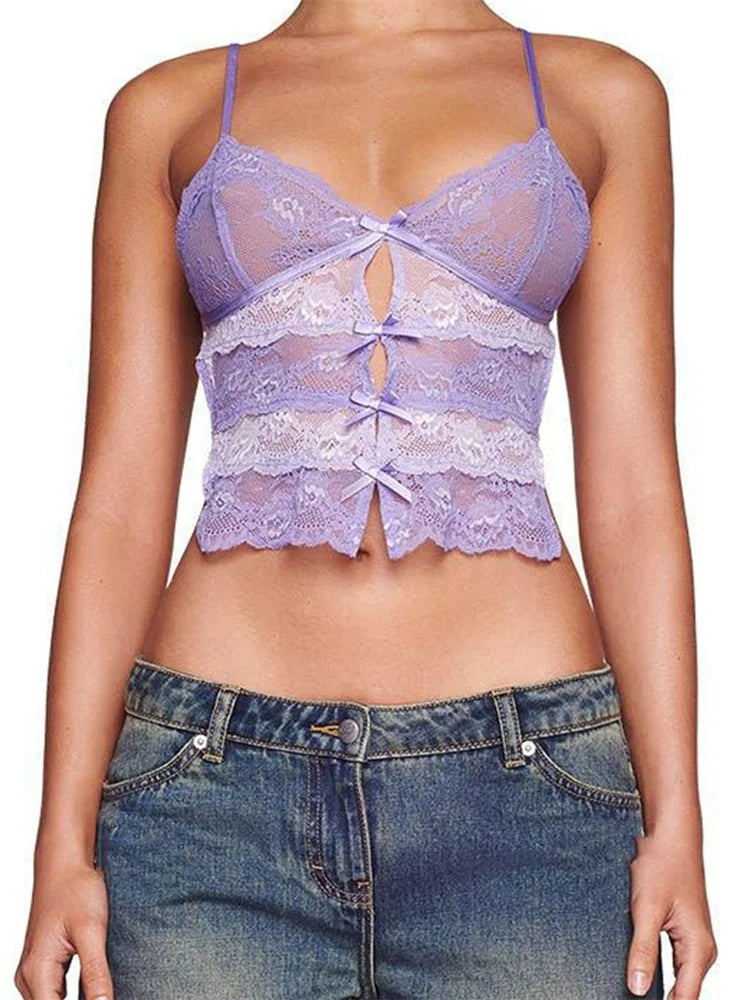 Slim Lace Bowknot Cutout Spaghetti Crop Top