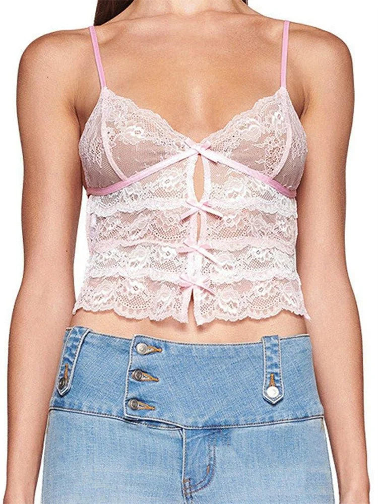 Slim Lace Bowknot Cutout Spaghetti Crop Top