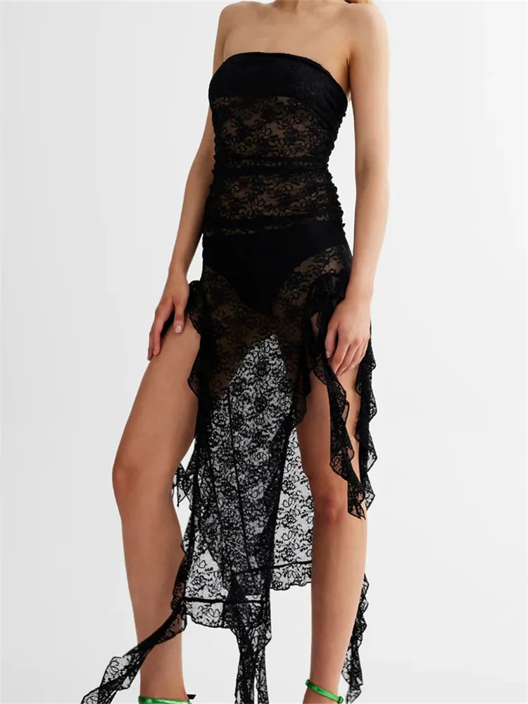 Sheer Lace Strapless Ruffle High Low Dress 2