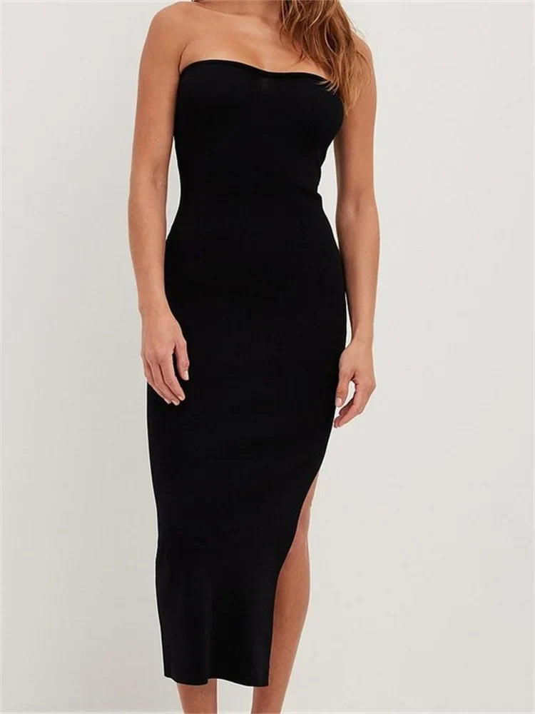 Ribbed Knit Strapless High Split Bodycon Midi Dress