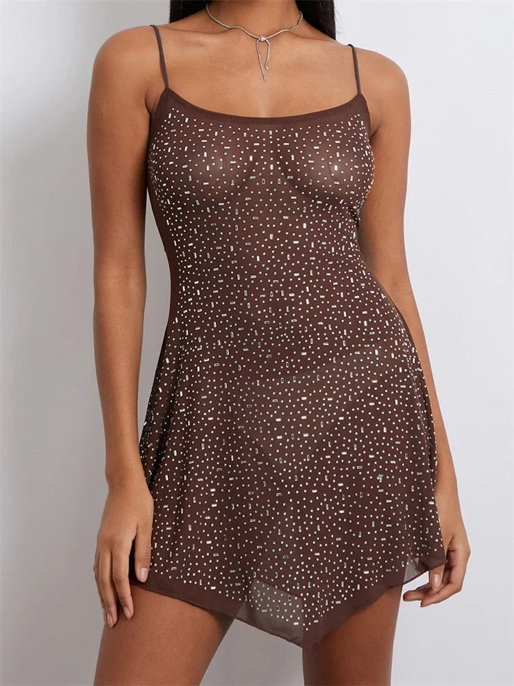 Rhinestone Mesh Spaghetti Strap Scoop Neck Mini Party Dress - View 3