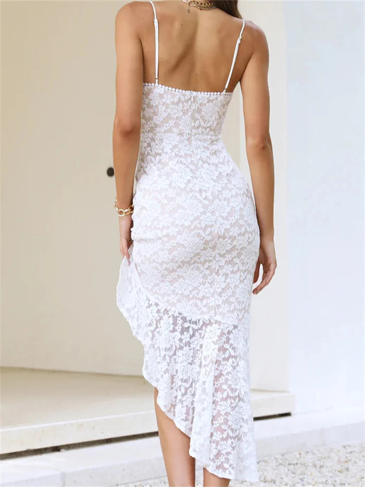 Side Split Lace VNeck Sleeveless Summer Irregular Hem Midi Dress - View 4