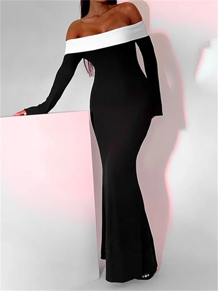 Off Shoulder Long Sleeve Contrast Trim Fishtail Maxi Gown