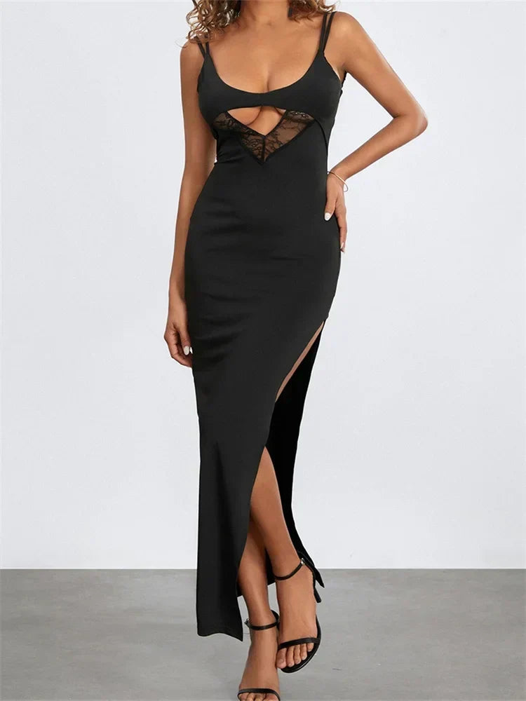 Lace Cut Out Cami High Split Bodycon Maxi Dress