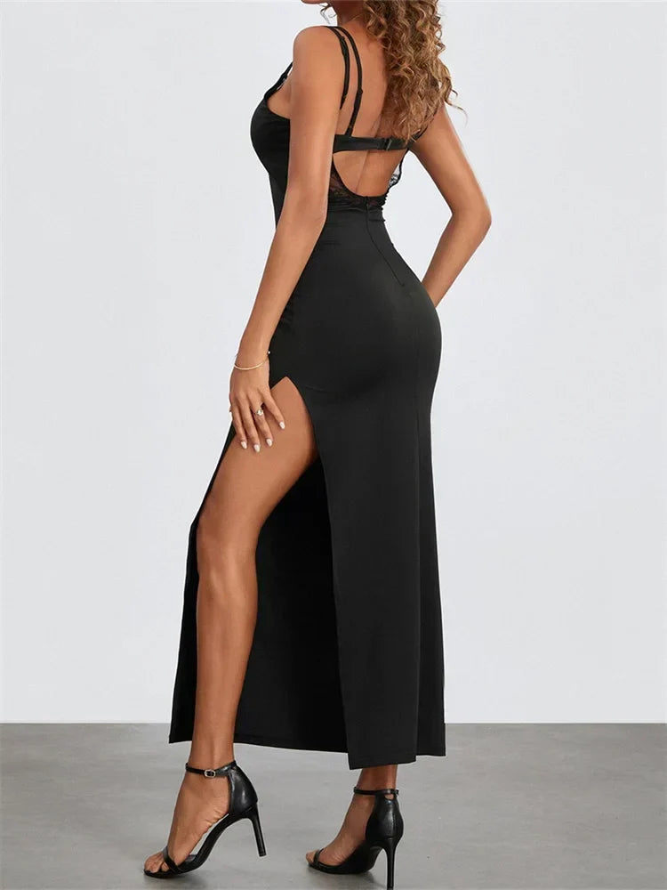 Lace Cut Out Cami High Split Bodycon Maxi Dress 3