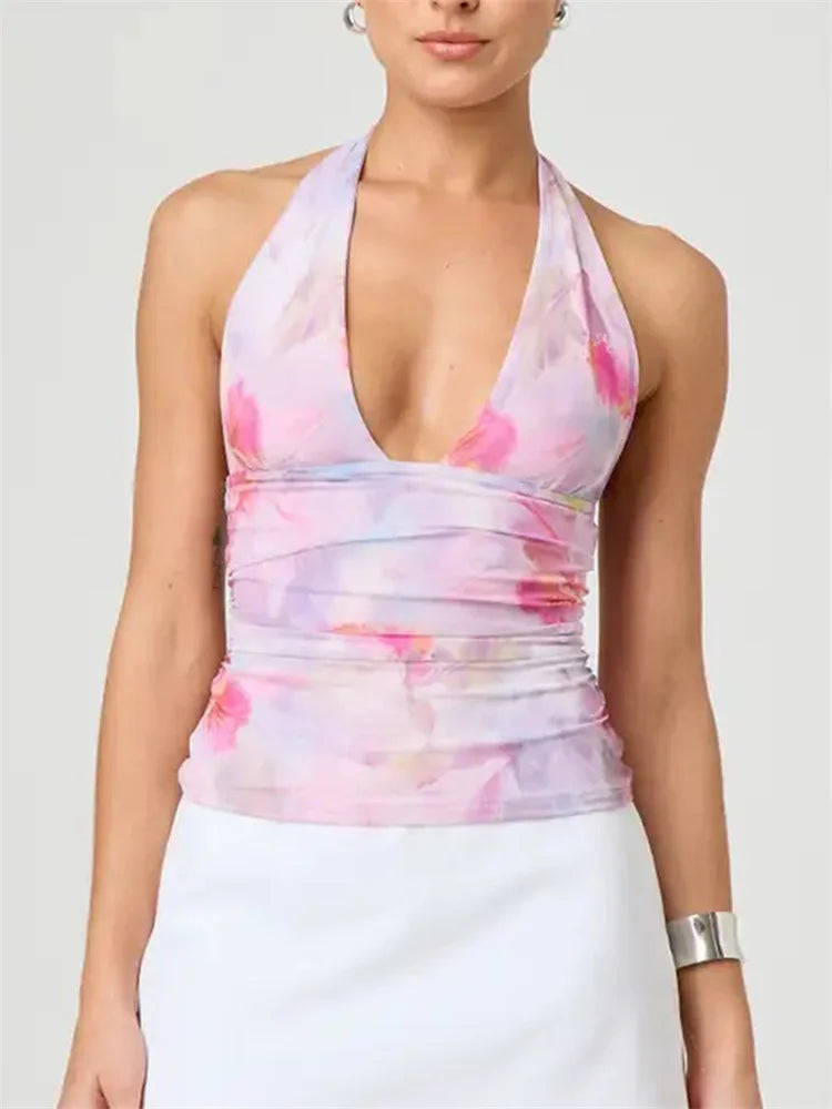 Sexy Tie-up Halter Tie-dye Ruched Crop Top