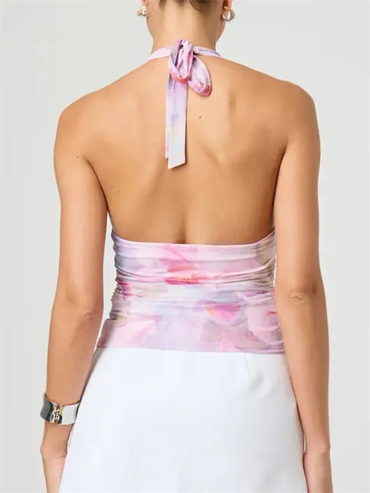 Sexy Tie-up Halter Tie-dye Ruched Crop Top