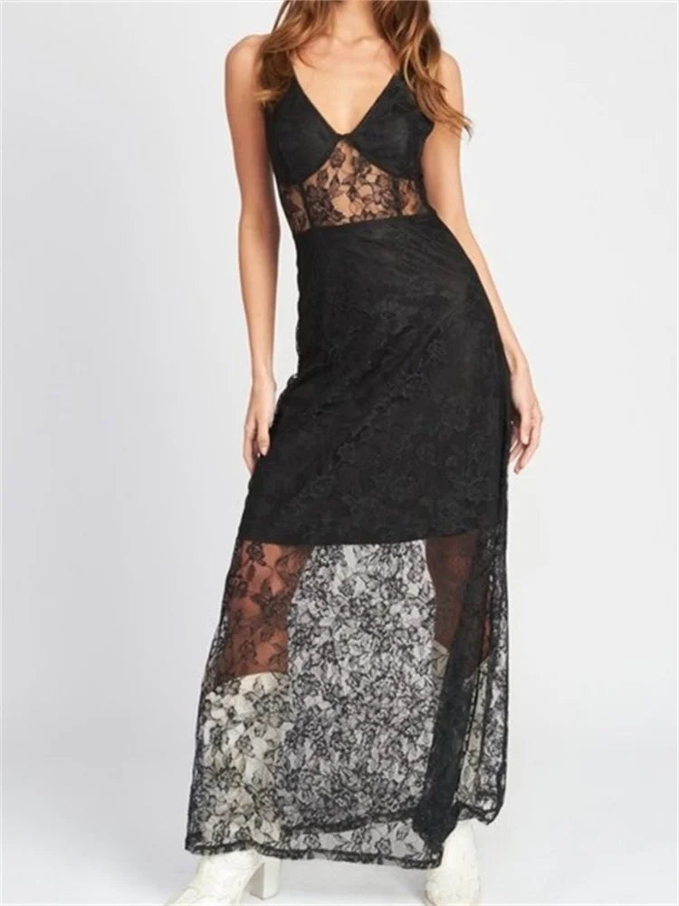 Lace Deep V-Neck Sheer Slip Maxi Dress 4