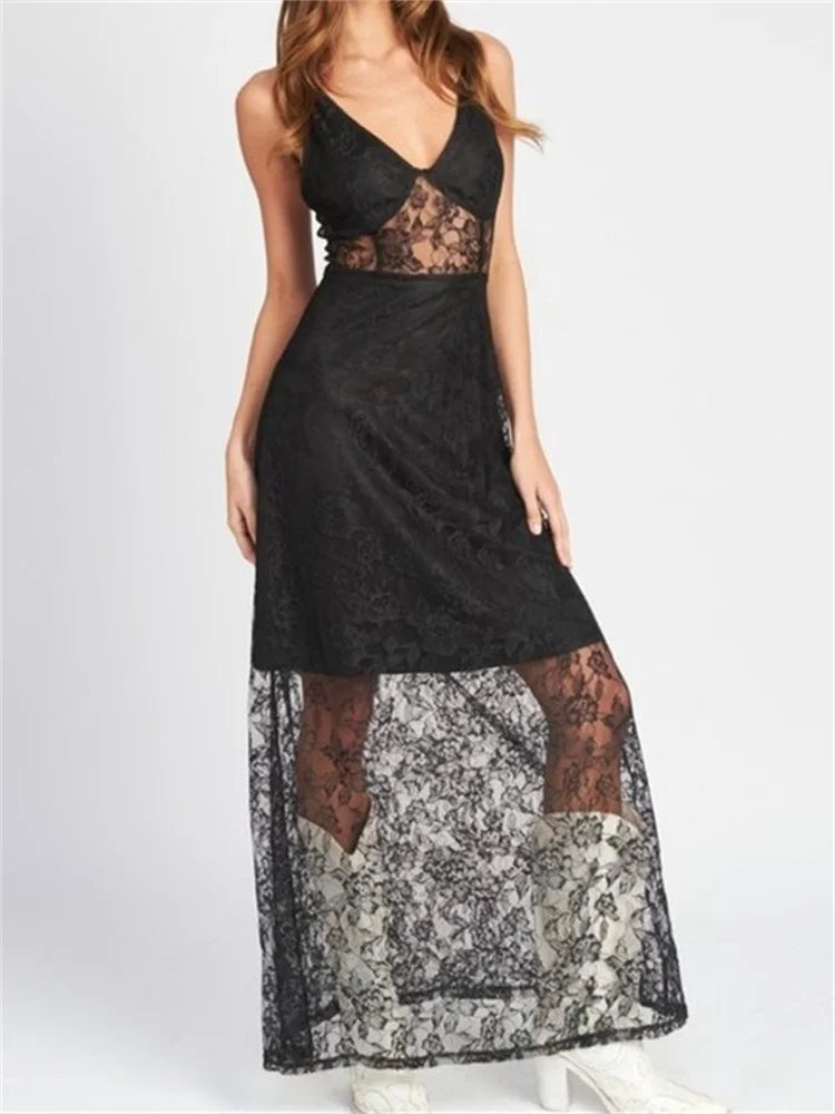 Lace Deep V-Neck Sheer Slip Maxi Dress 2