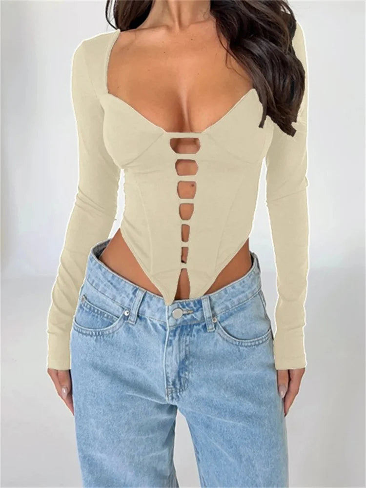 V-neck Low Cut Front Hollow Out Long Sleeve Slim Fit Solid Irregular Hem T-shirts