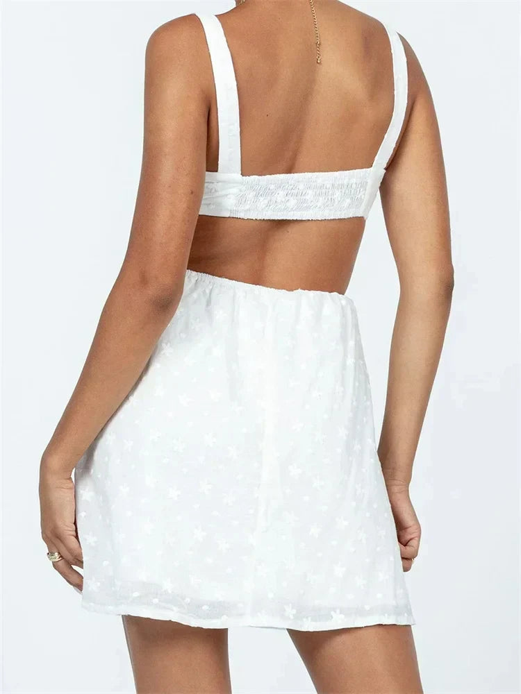 VNeck Sleeveless Backless Hollow Out Lace Mini Dresses - View 2