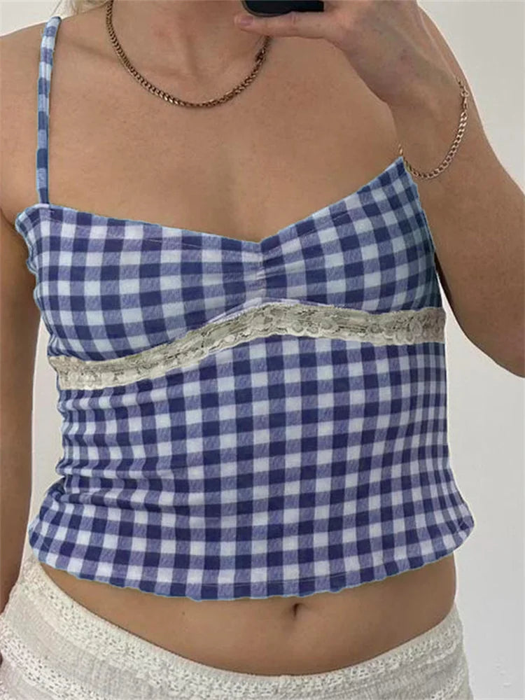 Vintage Plaid Lace Patchwork Spaghetti Crop Top