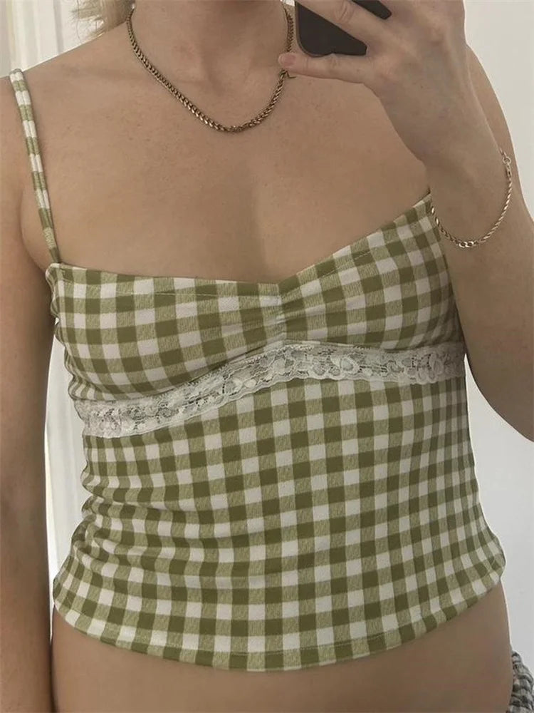 Vintage Plaid Lace Patchwork Spaghetti Crop Top
