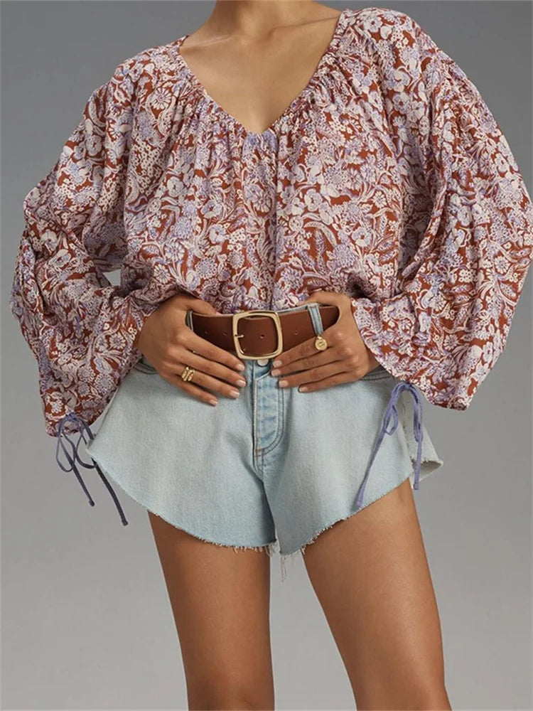 Floral Tie-Up Flare Sleeve Boho Blouse