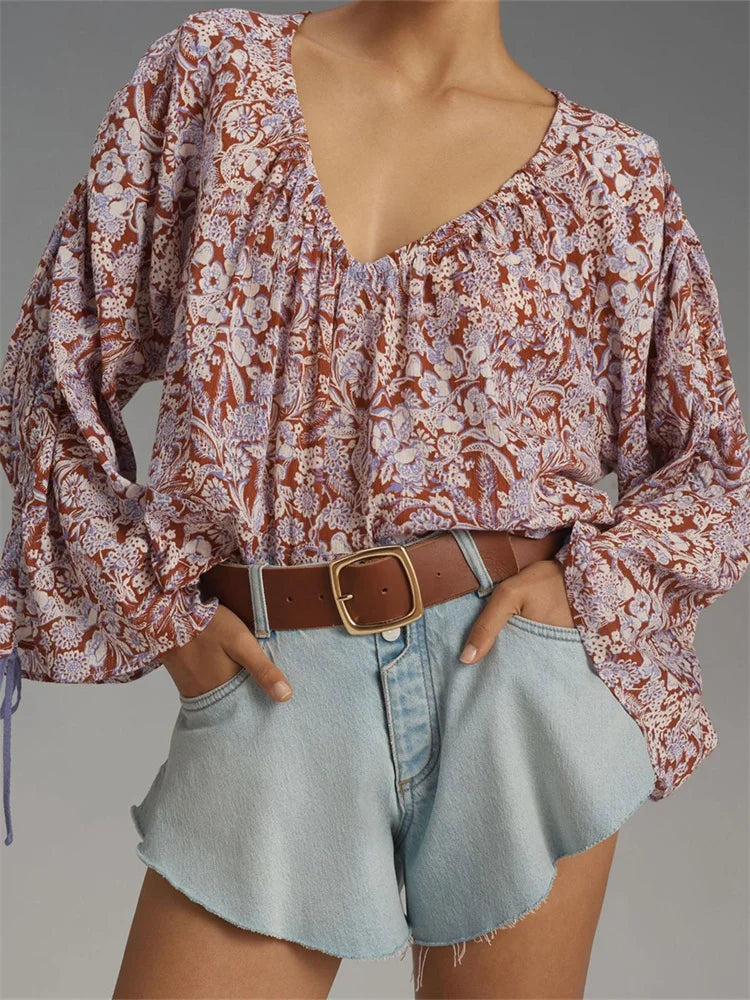 Floral Tie-Up Flare Sleeve Boho Blouse