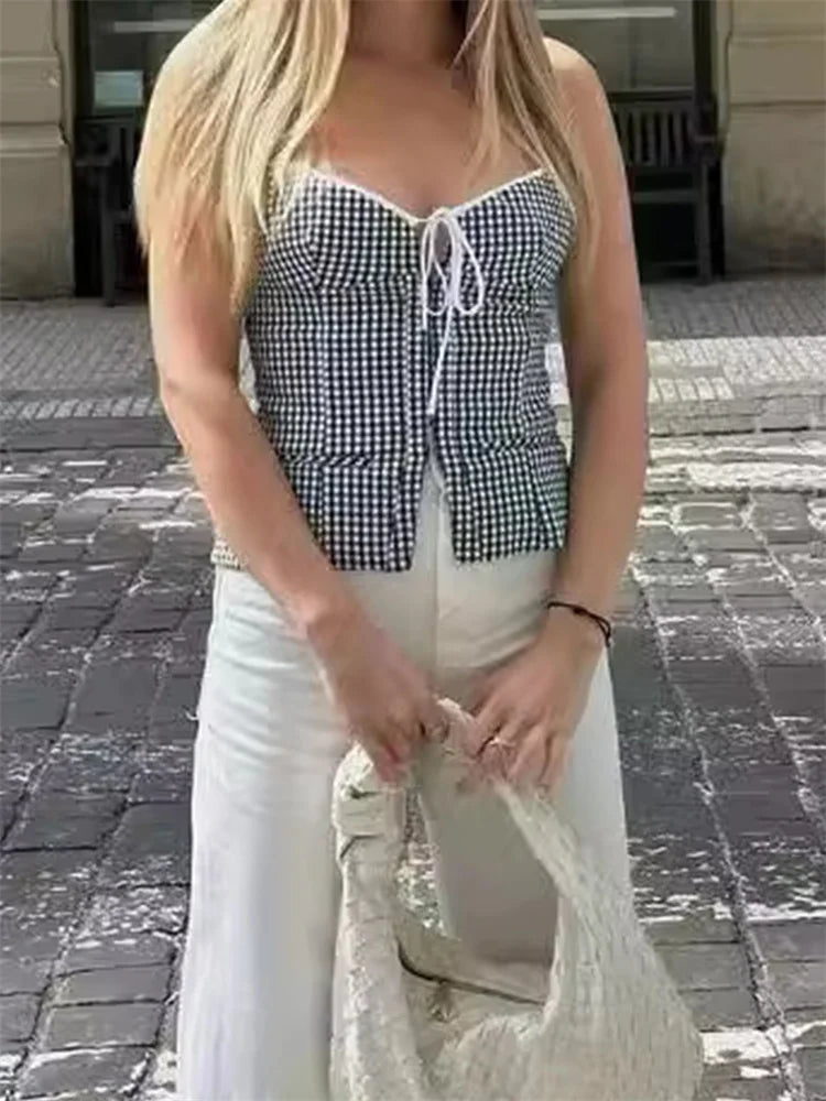 Plaid Backless Tie-up Front Split Tank Crop Top