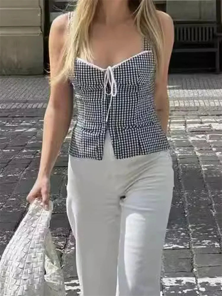 Plaid Backless Tie-up Front Split Tank Crop Top