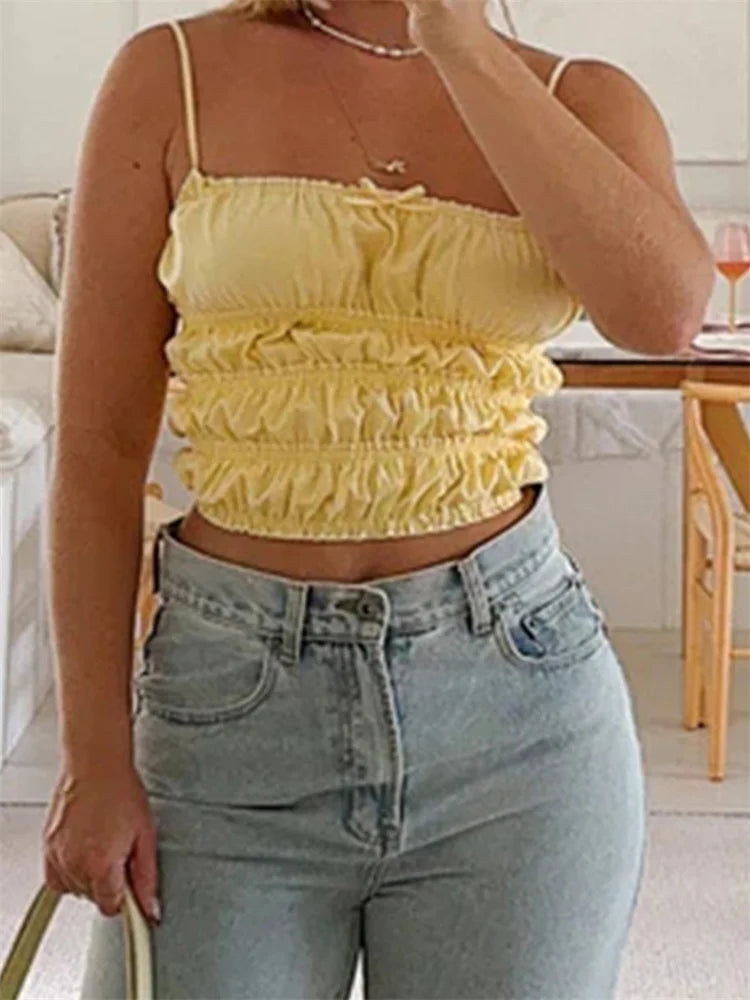 Vintage Ruched Solid Bow Slim Crop Top