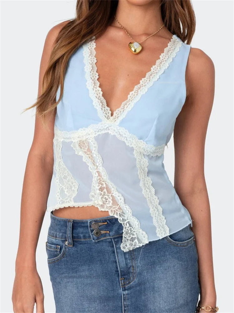 Asymmetrical Lace Trim Deep V-neck Slim Crop Top