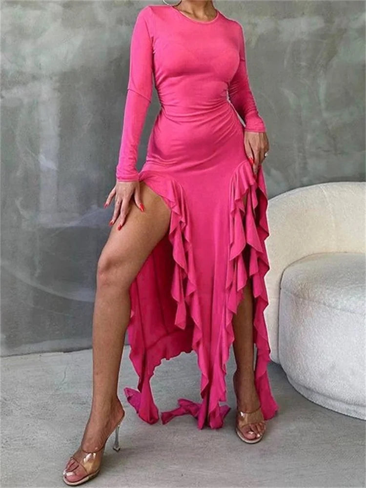 Ruffle Trim Long Sleeve High Split Bodycon Maxi Dress 5