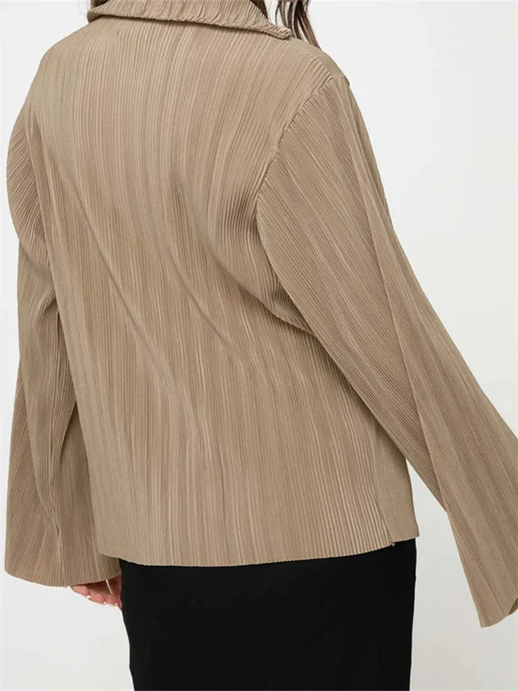Pleated V-neck Button-Down Blouse