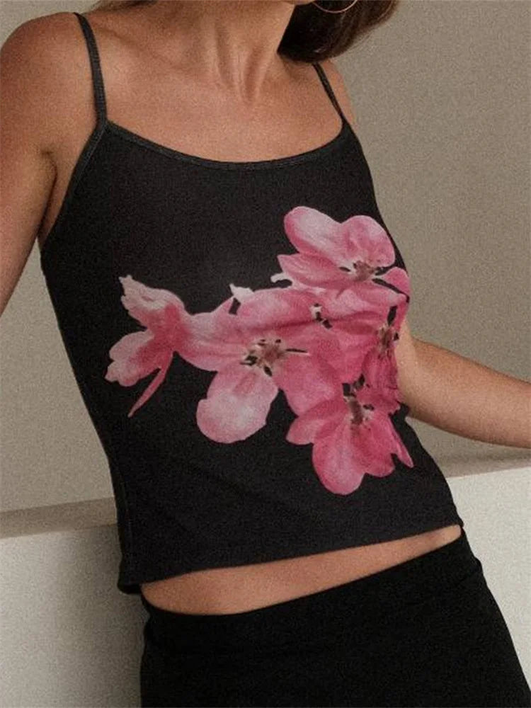 Slim Flower Print Spaghetti Strap Crop Top