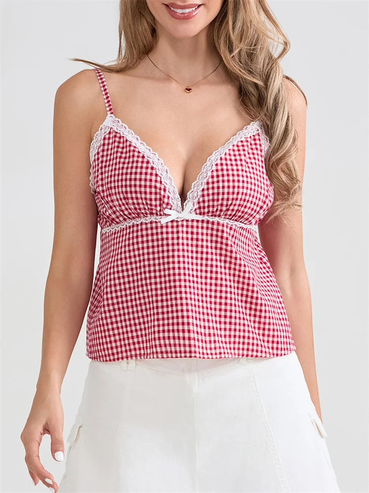 Plaid Lace Trim Spaghetti Strap Tank Crop Top