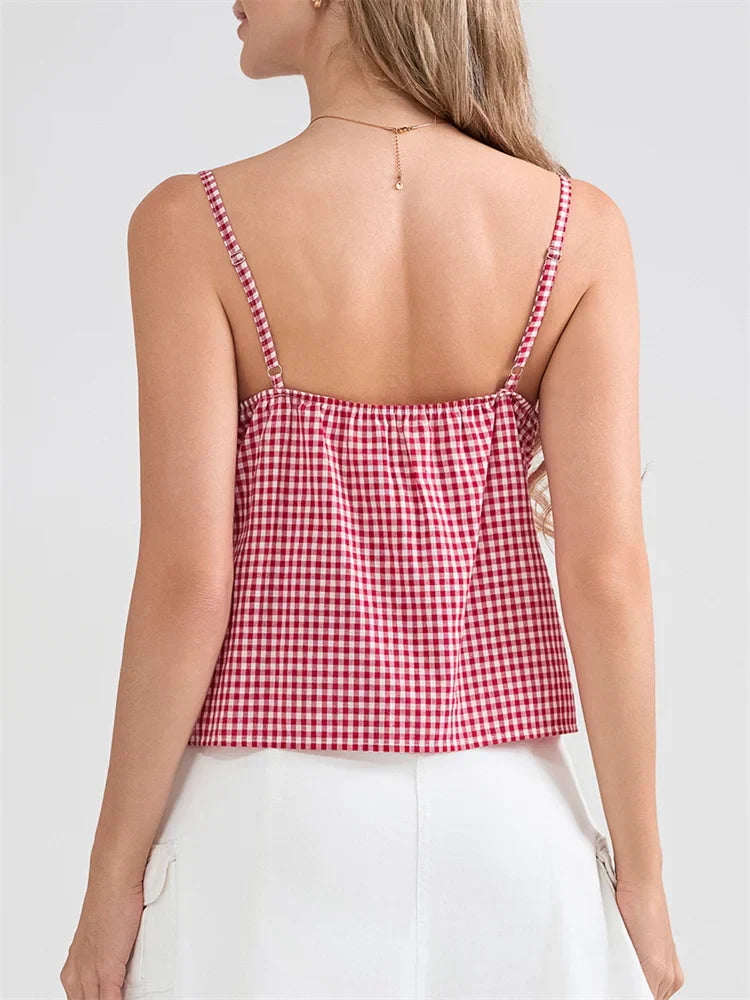 Plaid Lace Trim Spaghetti Strap Tank Crop Top