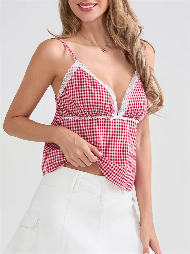 Plaid Lace Trim Spaghetti Strap Tank Crop Top