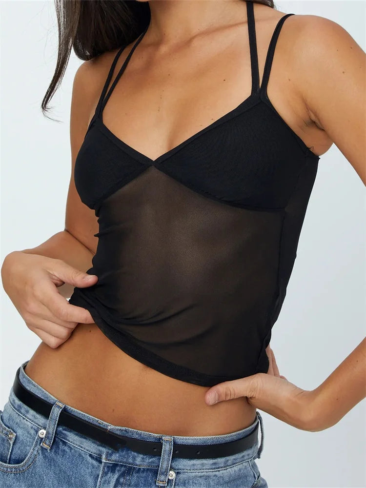 Sleeveless Strap Patchwork Mesh Tank Crop Top
