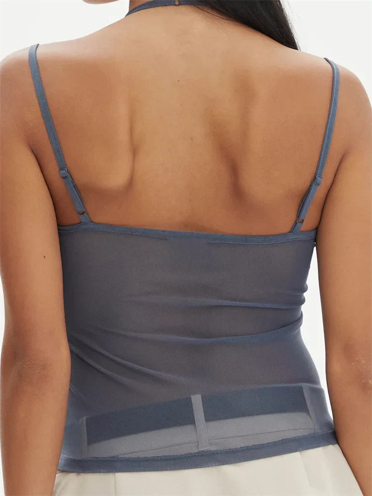 Sleeveless Strap Patchwork Mesh Tank Crop Top