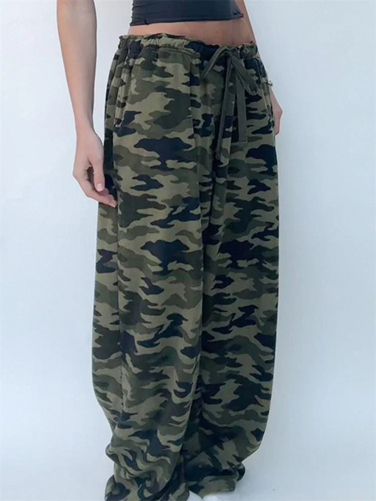 Camouflage Print Elastic Low Waist Wide Leg Pant