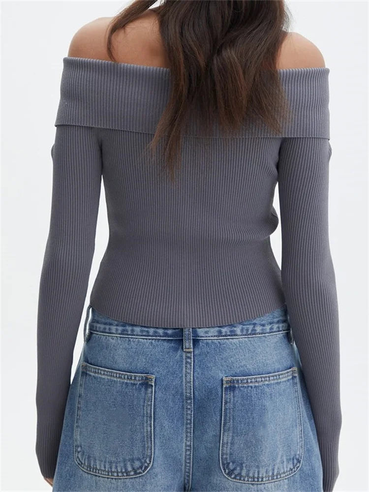 Basic Knitted Solid Long Sleeve Off Shoulder Casual Zipper Cardigans Sweater 2