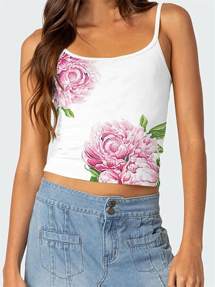 Floral Backless Spaghetti Strap Retro Crop Top