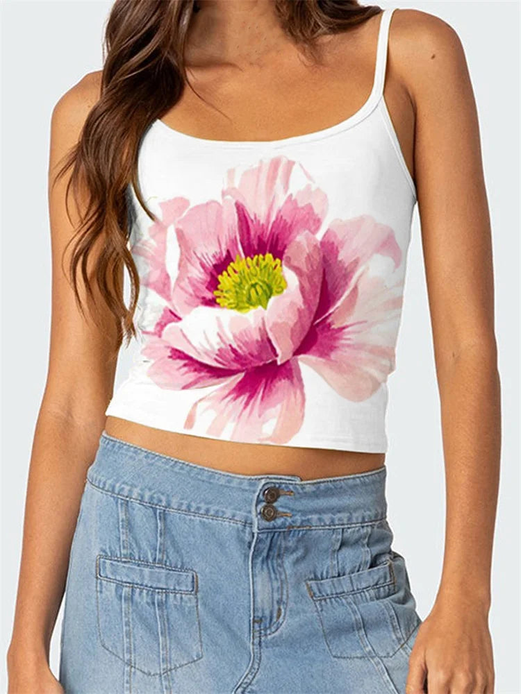 Floral Backless Spaghetti Strap Retro Crop Top