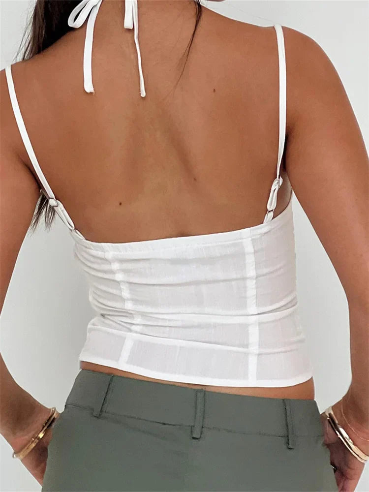 Slim Lace Trim Halter Tie-up Backless Crop Top