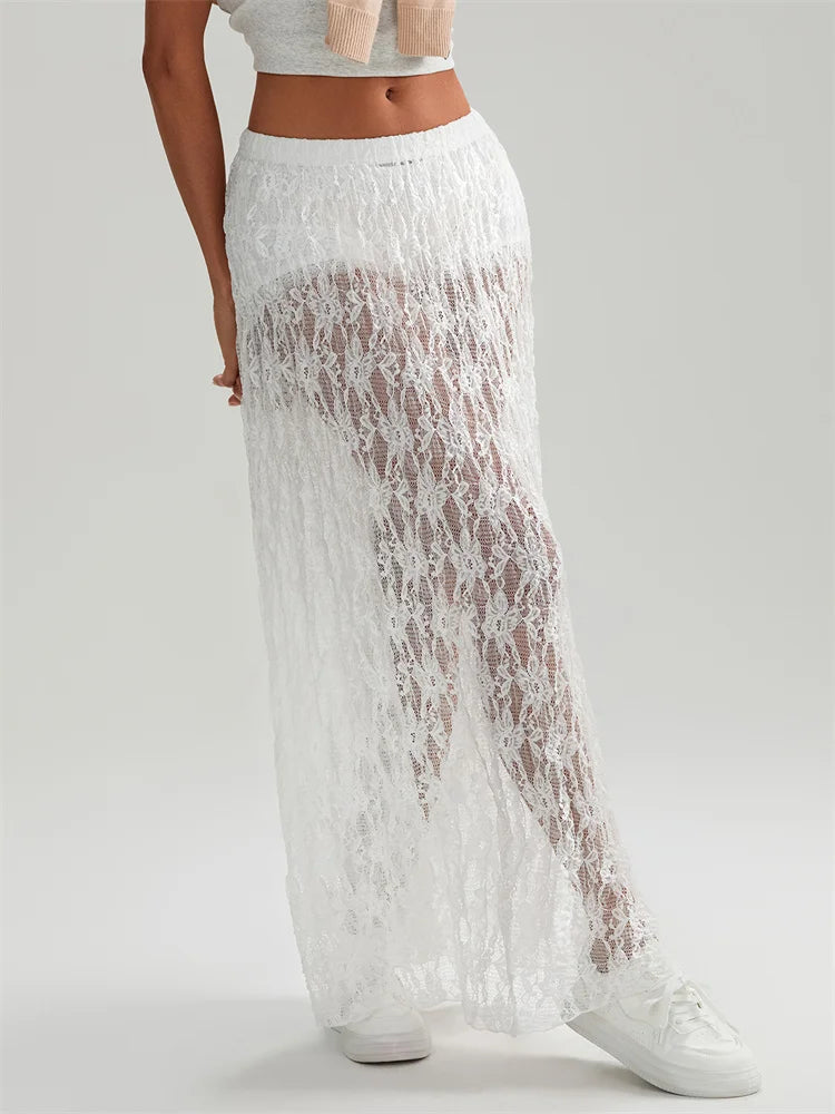 Fall Long Maxi Skirt Elastic Waist Lace Floral Casual Skirt