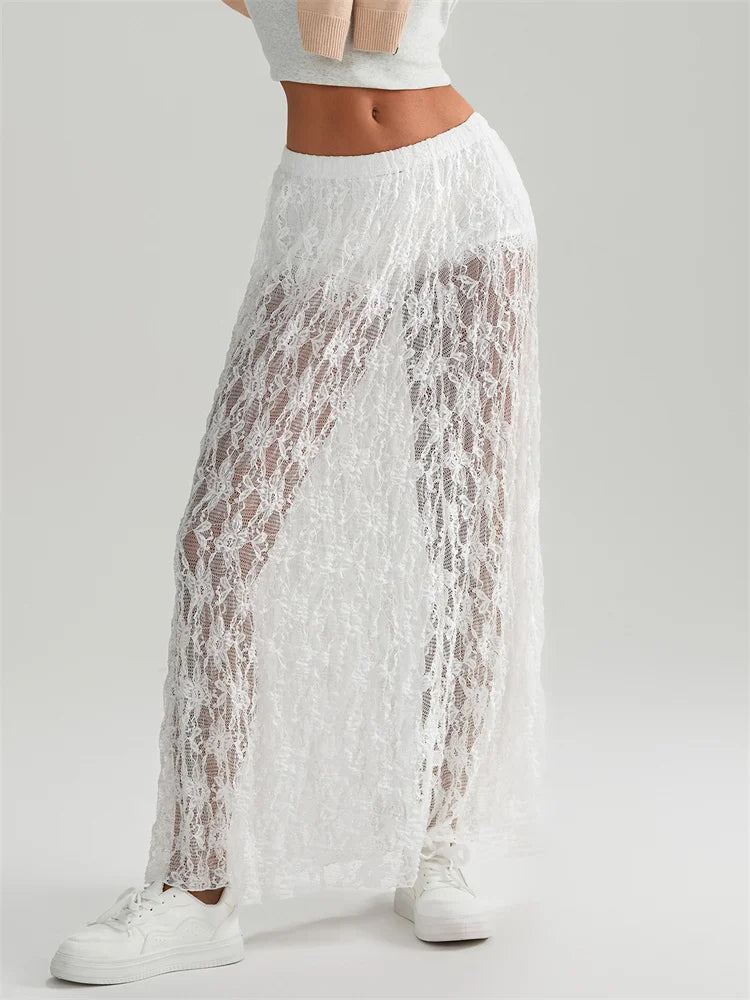 Fall Long Maxi Skirt Elastic Waist Lace Floral Casual Skirt