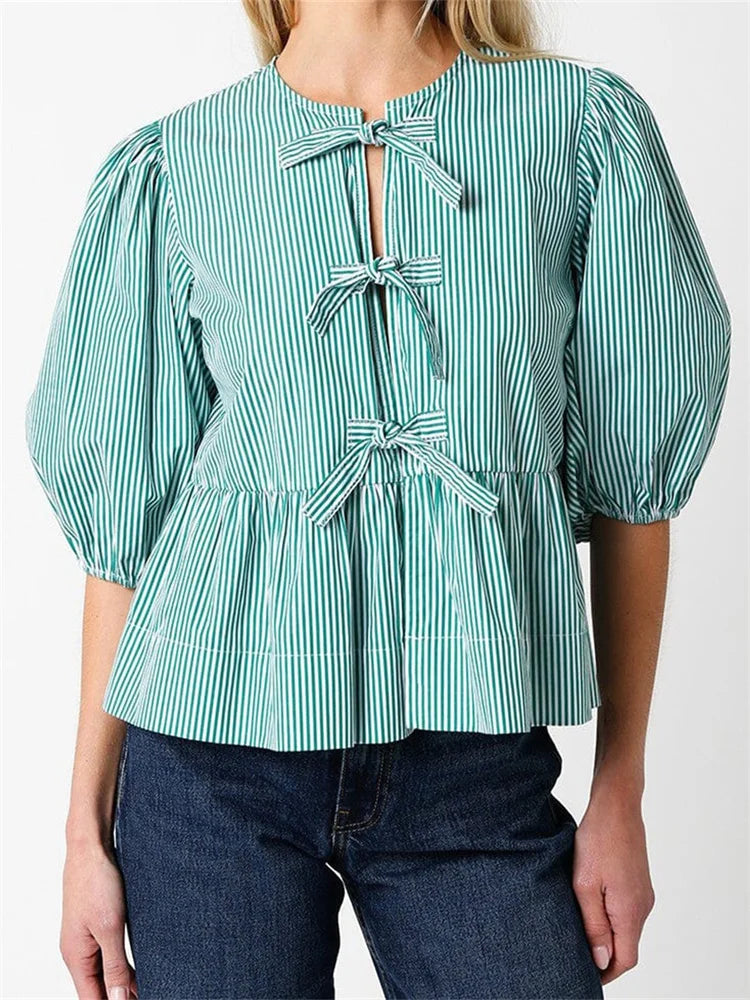 Front Split Bowknot Tie-Up Puff Sleeve Blouse