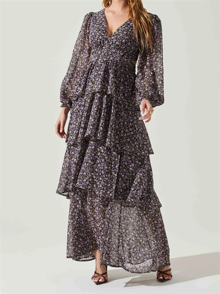 Floral Ruffle V-Neck Long Sleeve Tiered Maxi Dress