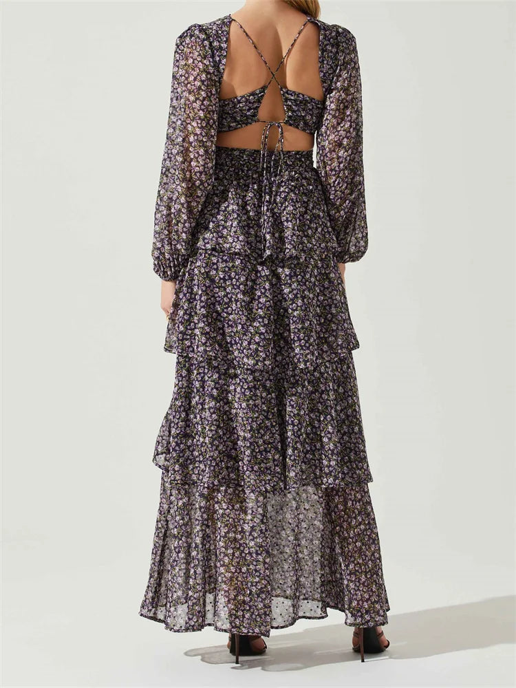 Floral Ruffle V-Neck Long Sleeve Tiered Maxi Dress 2