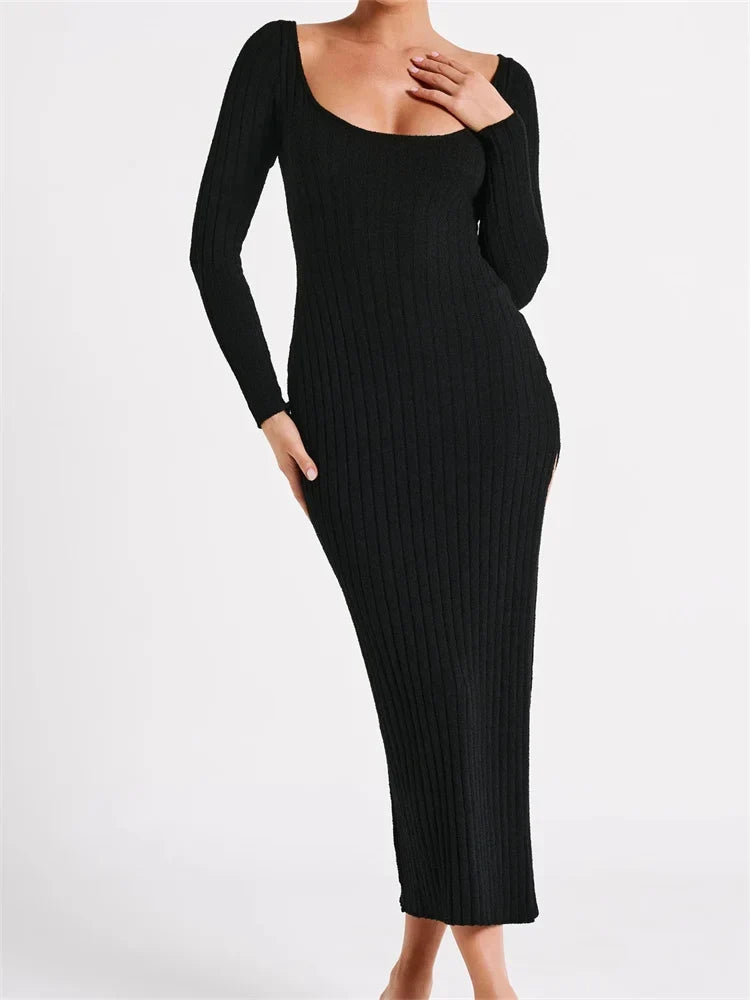 Ribbed Knit Scoop Neck Long Sleeve Bodycon Maxi Dress