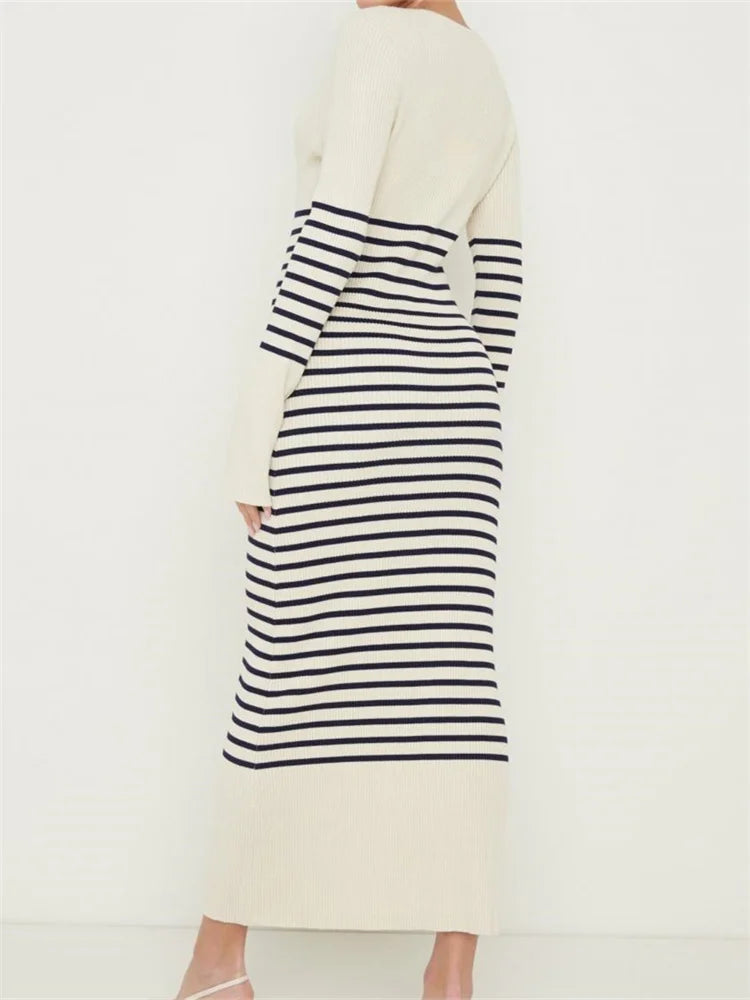 Striped Ribbed Knit V-Neck Long Sleeve Maxi Dress 2